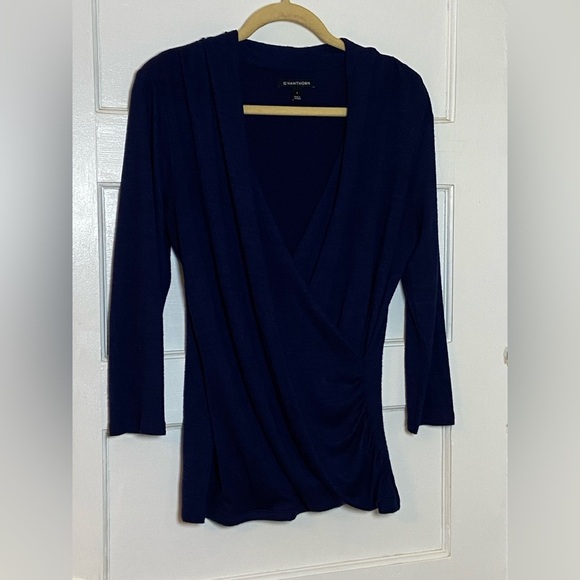 41 Hawthorn Tops - Elegant Navy Blue Faux Wrap Top